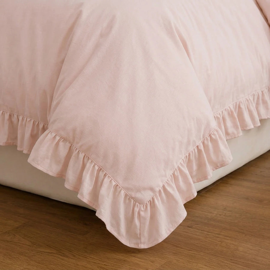 blush pink ruffle trim duvet cover corner detail