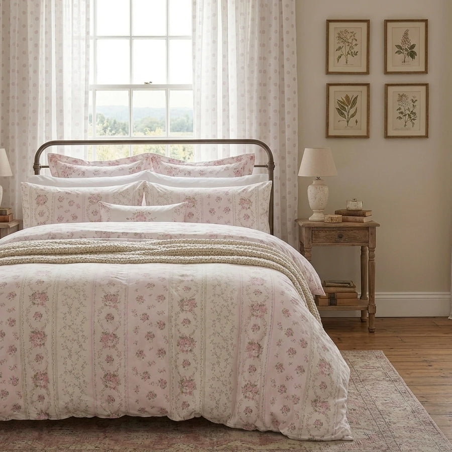 vintage pink rose floral striped bedding set styled in bright farmhouse bedroom with wooden floor