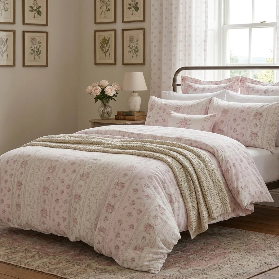 rose floral striped bedding set in cozy cottage bedroom with armchair and side table scene