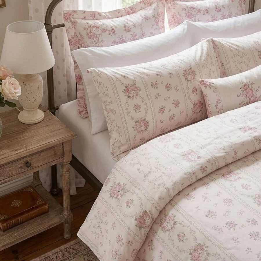 matching rose floral striped cotton pillow shams with tiered ruffled pillow accents detail