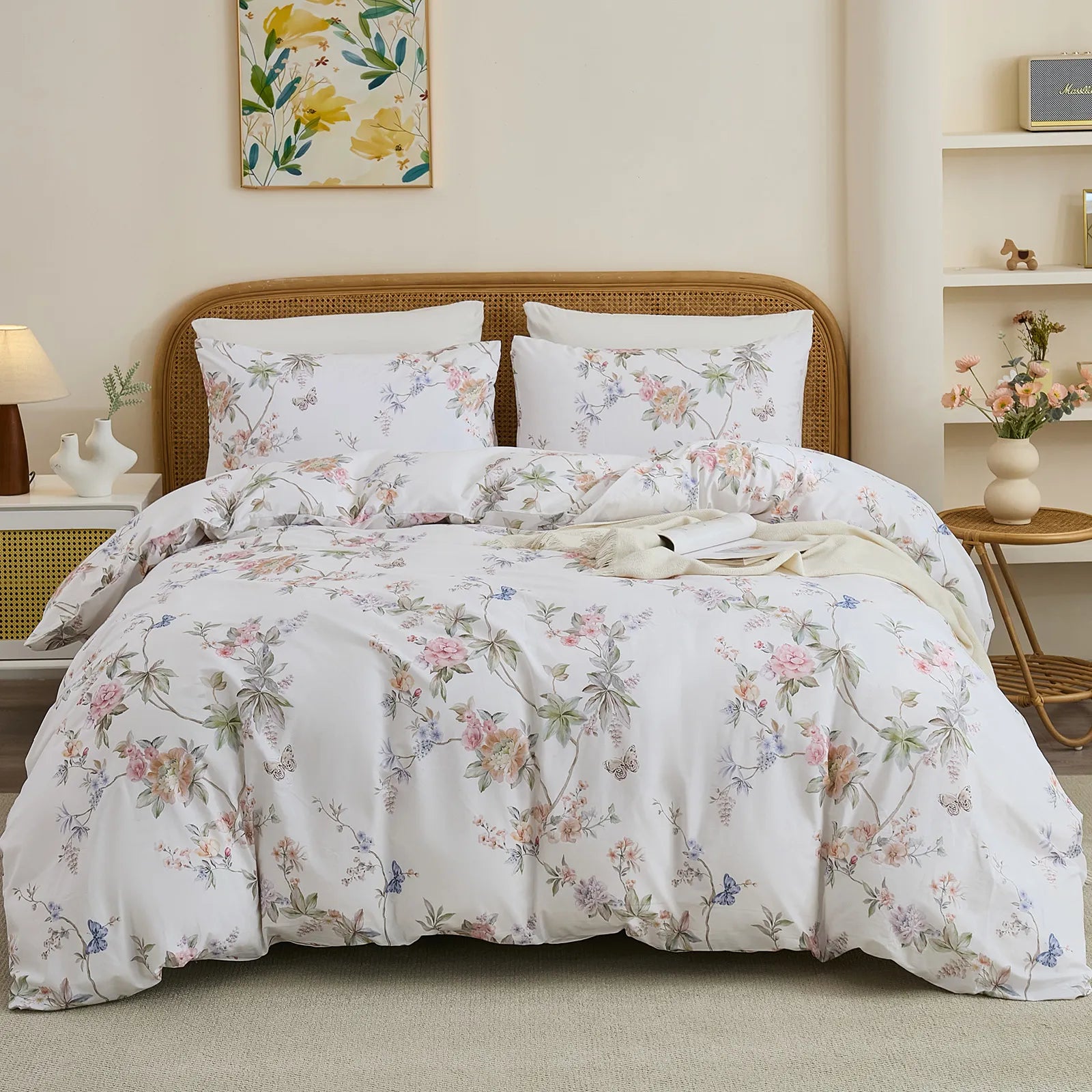 centered white botanical bedding set