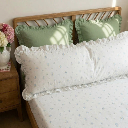 botanical floral long pillow sham with layered green ruffles