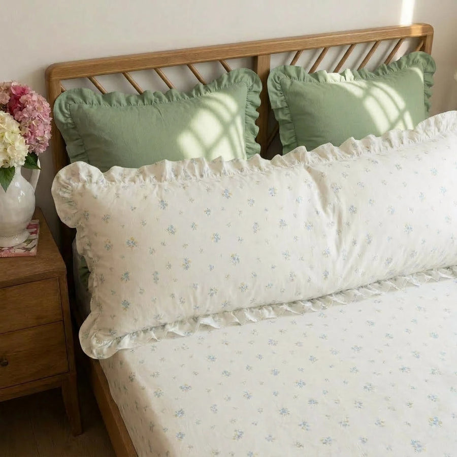 botanical floral long pillow sham with layered green ruffles