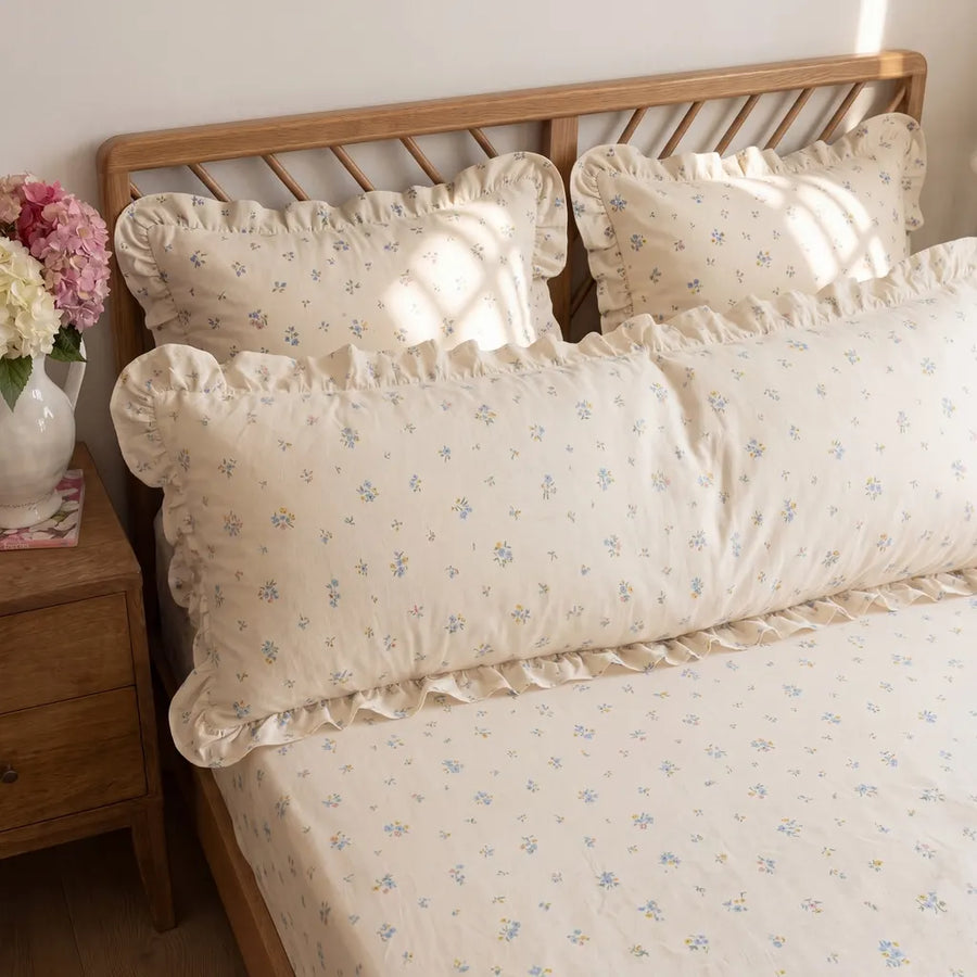 botanical floral long pillow sham with layered green ruffles