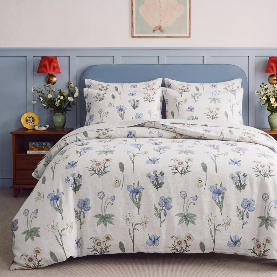 botanical whimsy floral duvet cover set cream blue wainscoting bedroom decor