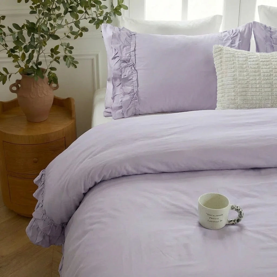 breathable washed cotton ruffled bed linen soft texture detail