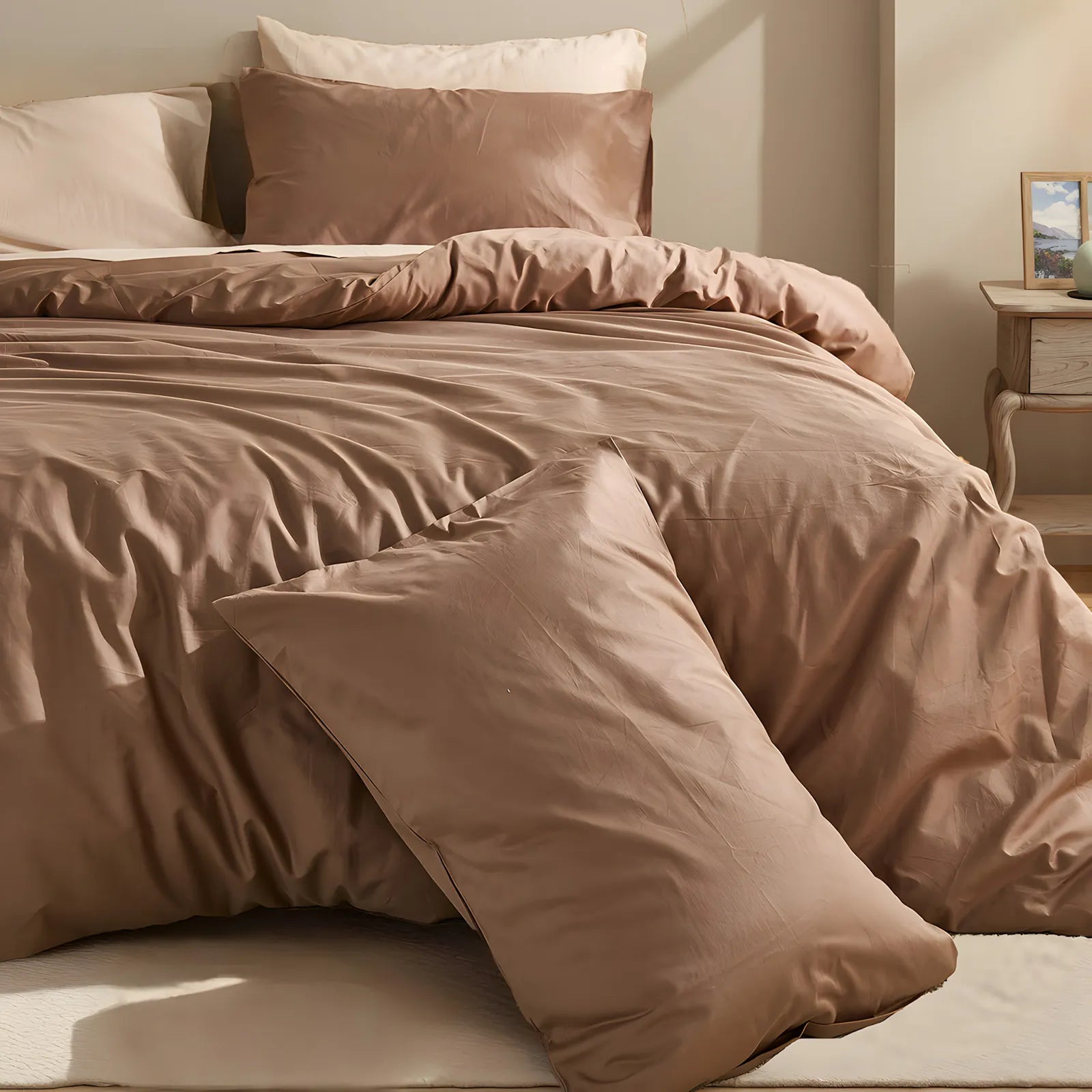 Brown duvet with white and brown pillows in slanting sunlight with simple nightstand arrangement.