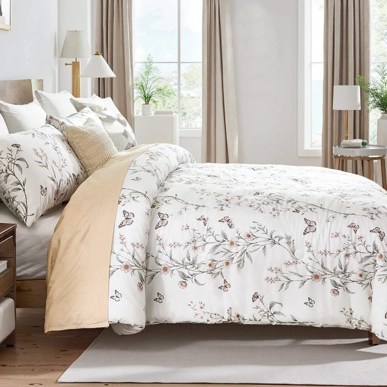 side view of white wildflower butterfly comforter