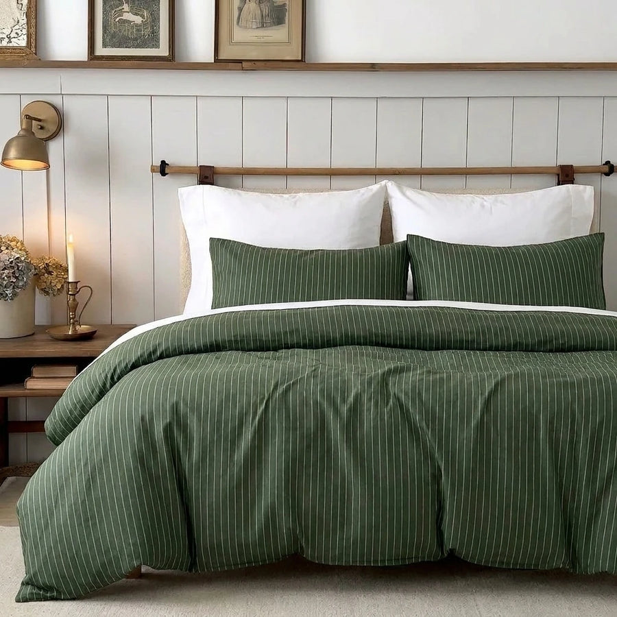 classic forest pinstripe duvet cover set dark green bedding main