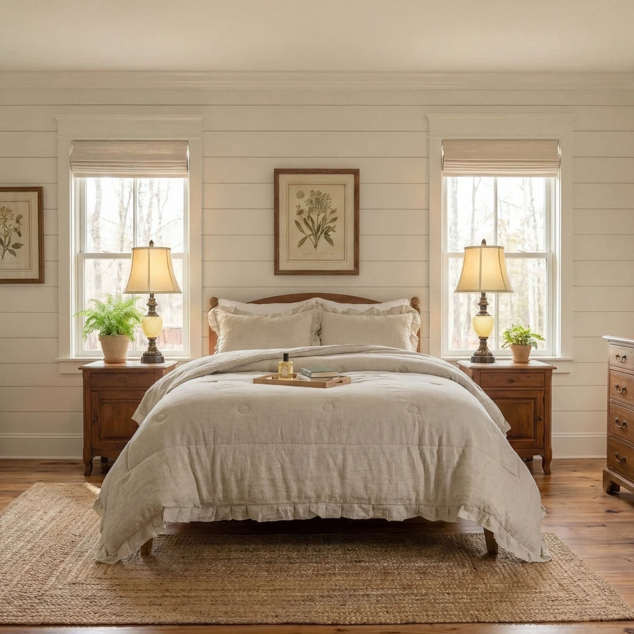 close up terracotta stripe ruffle trim soft cotton comforter