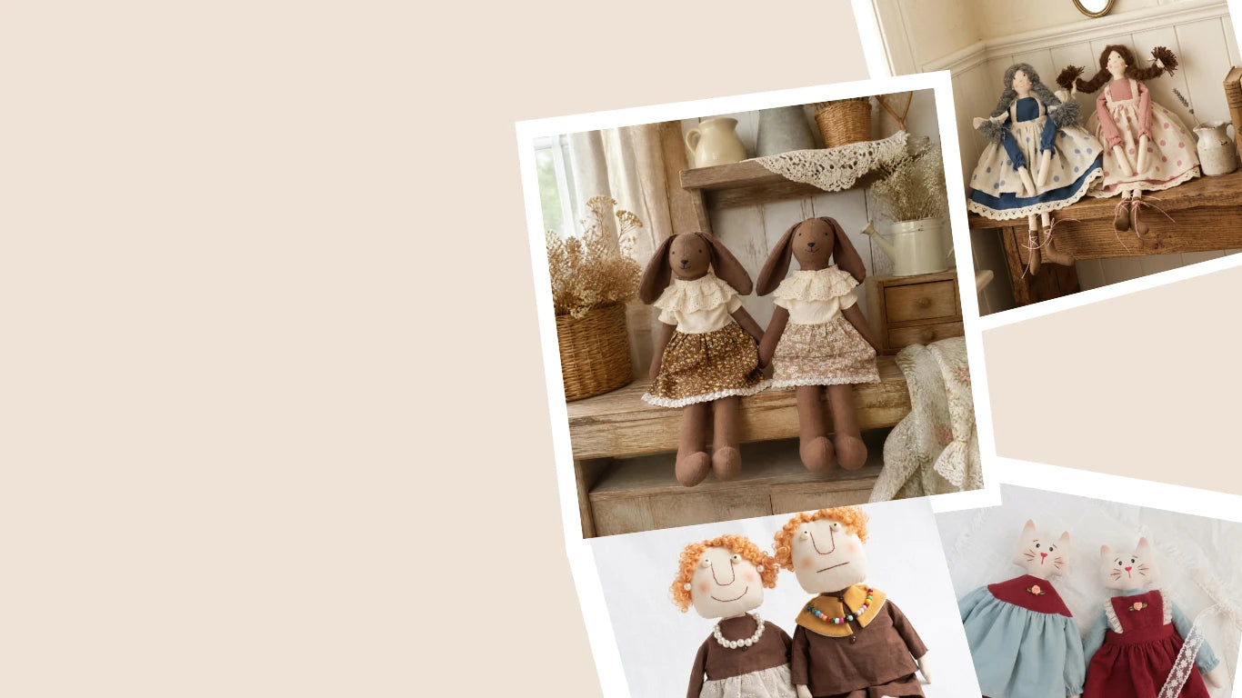collage of handmade vintage fabric dolls rag dolls and plush bunny toys on display banner