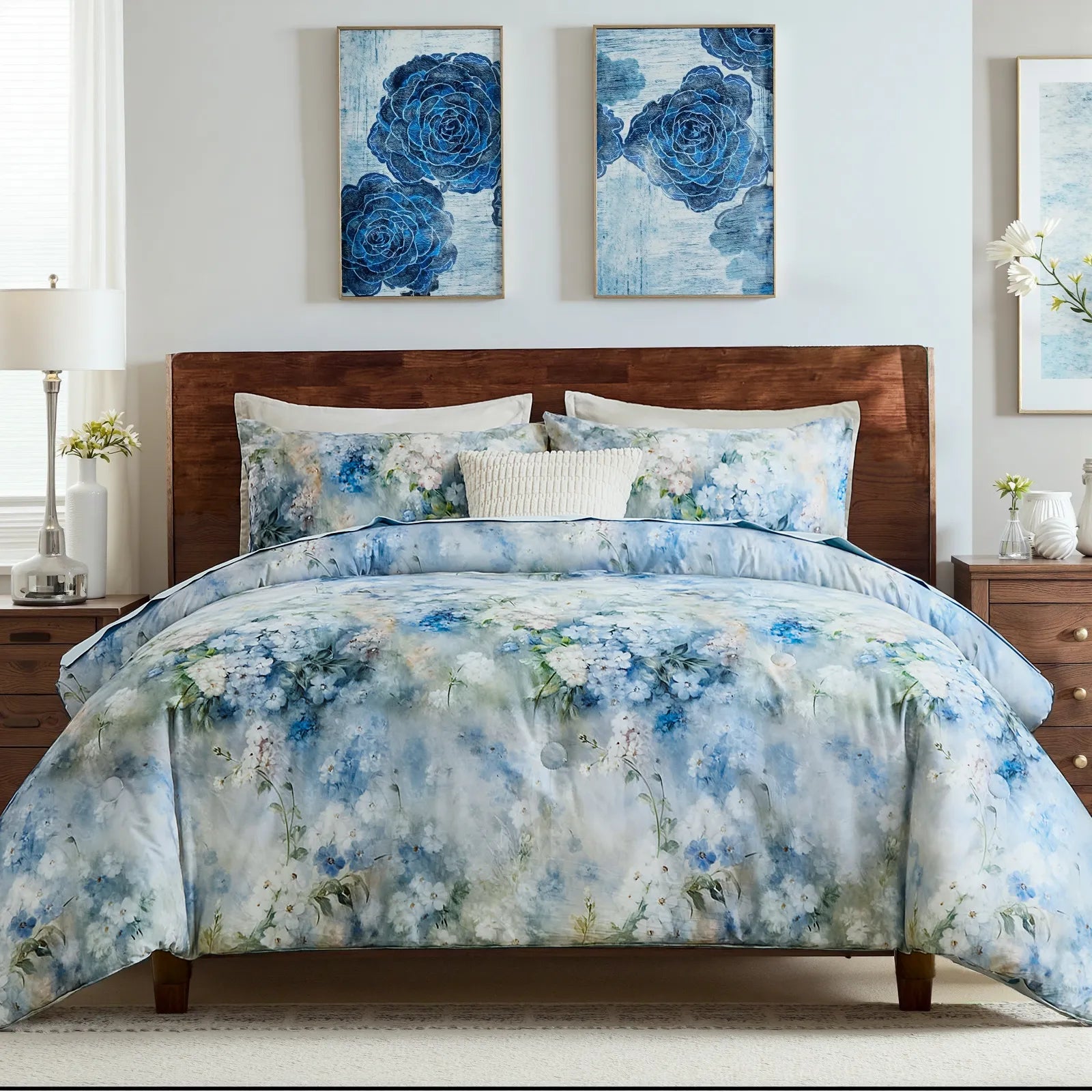 cotton blue flower comforter set