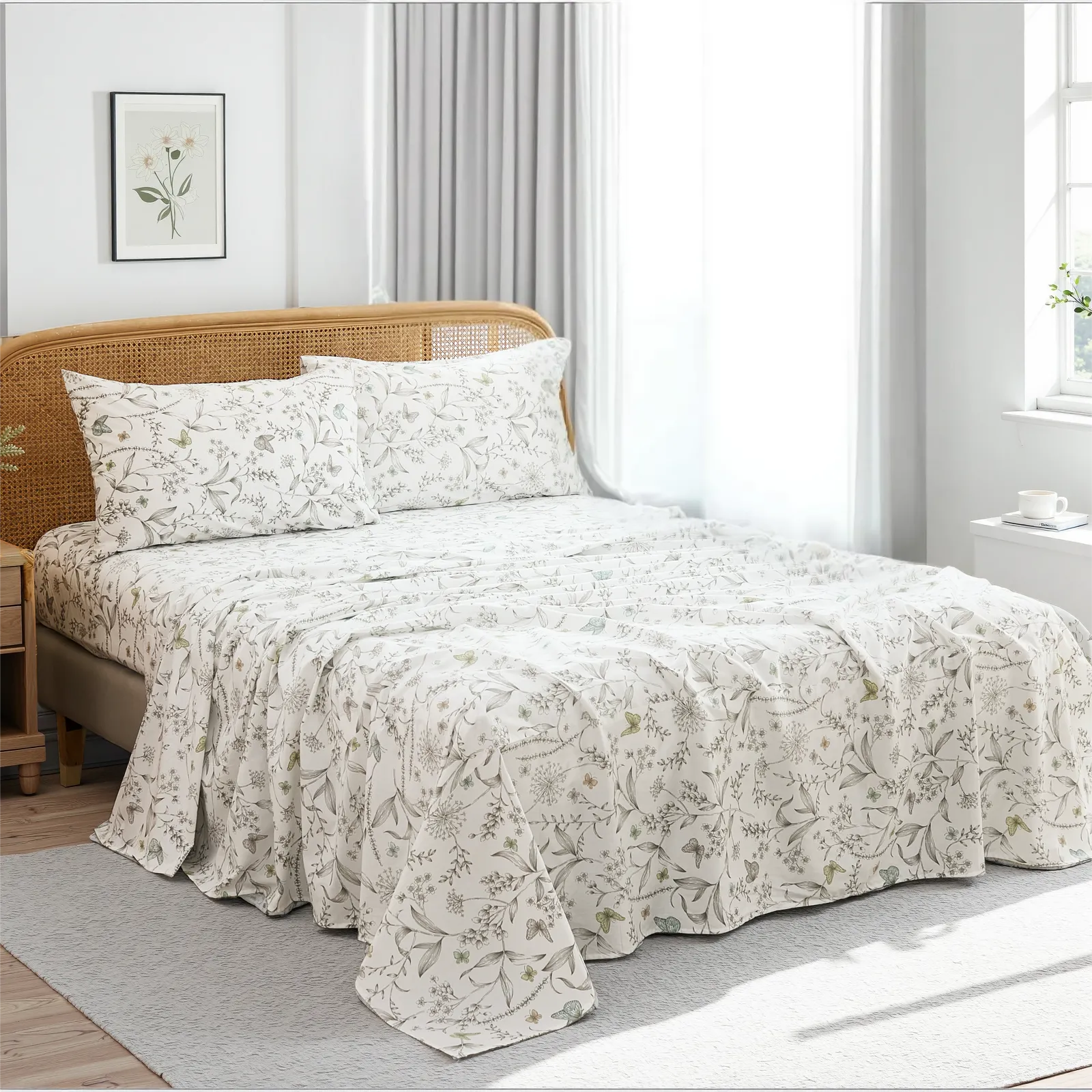 Elegant cotton butterfly and botanical sheet set on bed in bright room with large window