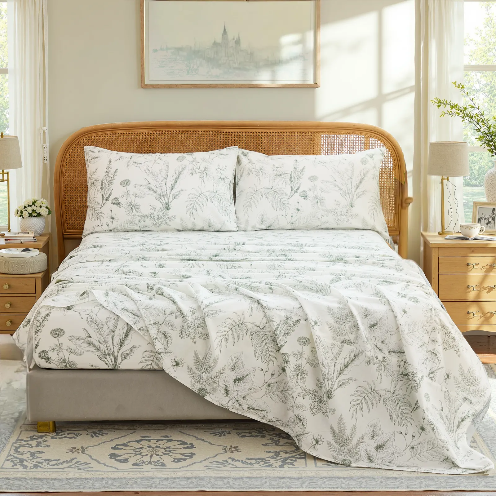 Full room view of cotton greenery sketch sheet set on bed with rustic rattan headboard