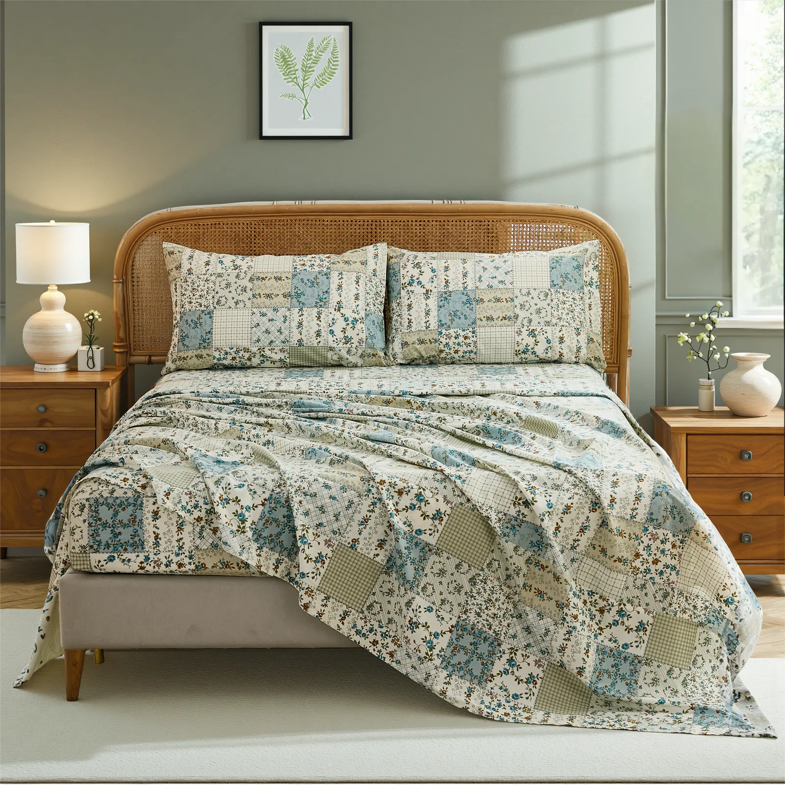 Full view of cotton patchwork floral sheet set on bed with rattan headboard