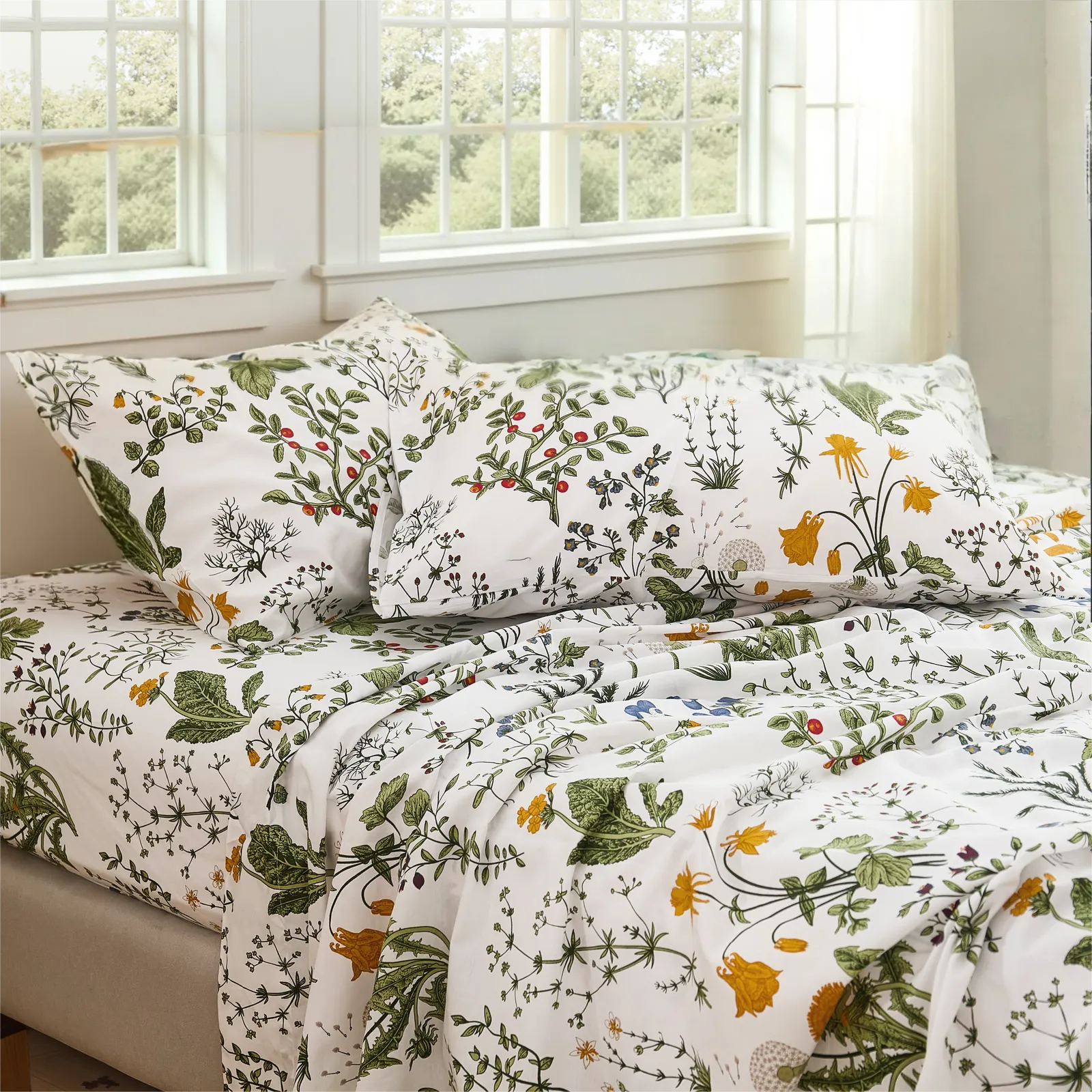 Daylight close-up of cotton sateen pillows showing Lush Botanical print detail