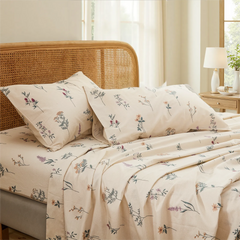 Stacked cotton wildflower print pillows on fitted sheet set with soft pink and purple tones