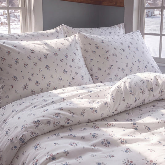 country breeze ditsy floral duvet cover set ivory blue rose sunlit bedding closeup bedroom