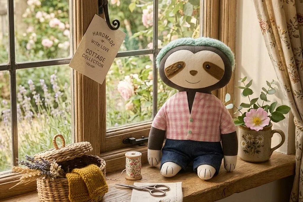 cozy sloth plush doll leather chair farmhouse nursery