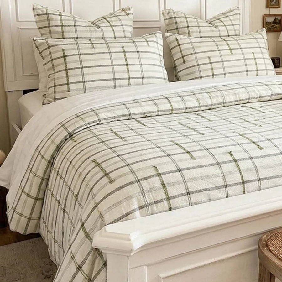 cream windowpane tufted duvet cover rustic farmhouse bedroom