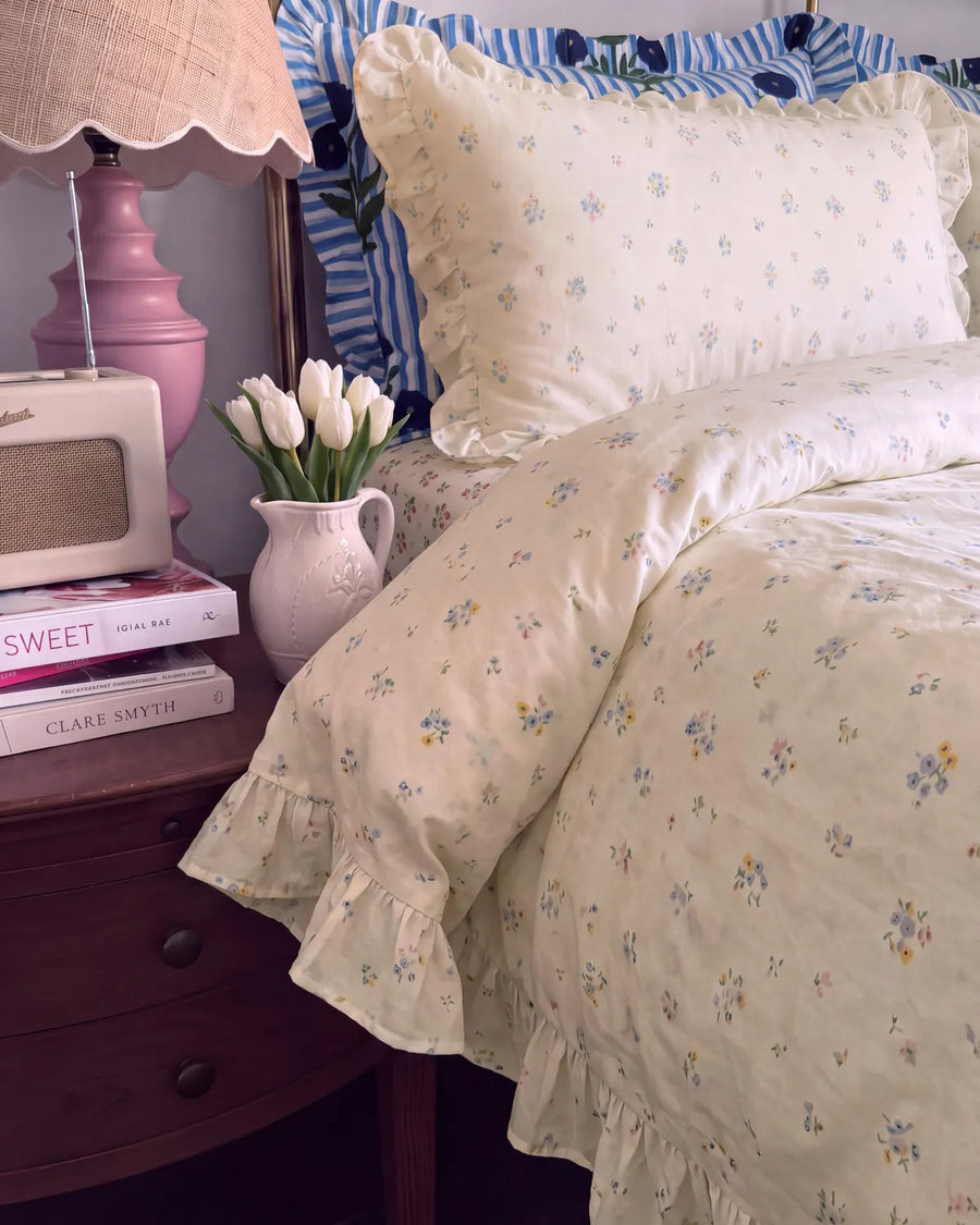 dainty wildflower garden ruffle duvet cover styled bedroom