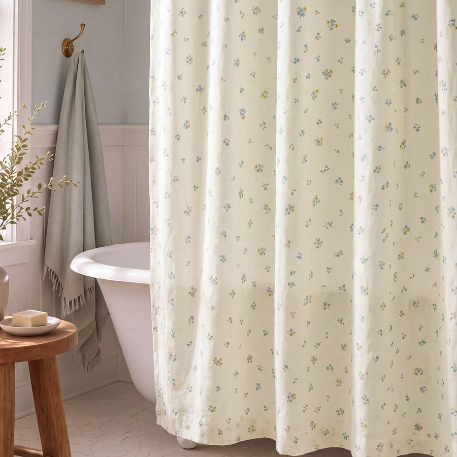 dainty wildflower meadow shower curtain cream blue clawfoot tub wooden stool
