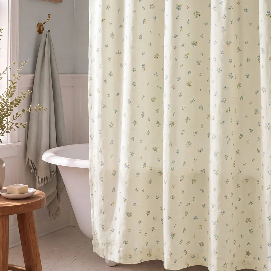 dainty wildflower meadow shower curtain cream blue clawfoot tub wooden stool