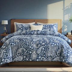 Lifestyle room shot of dark blue bedding