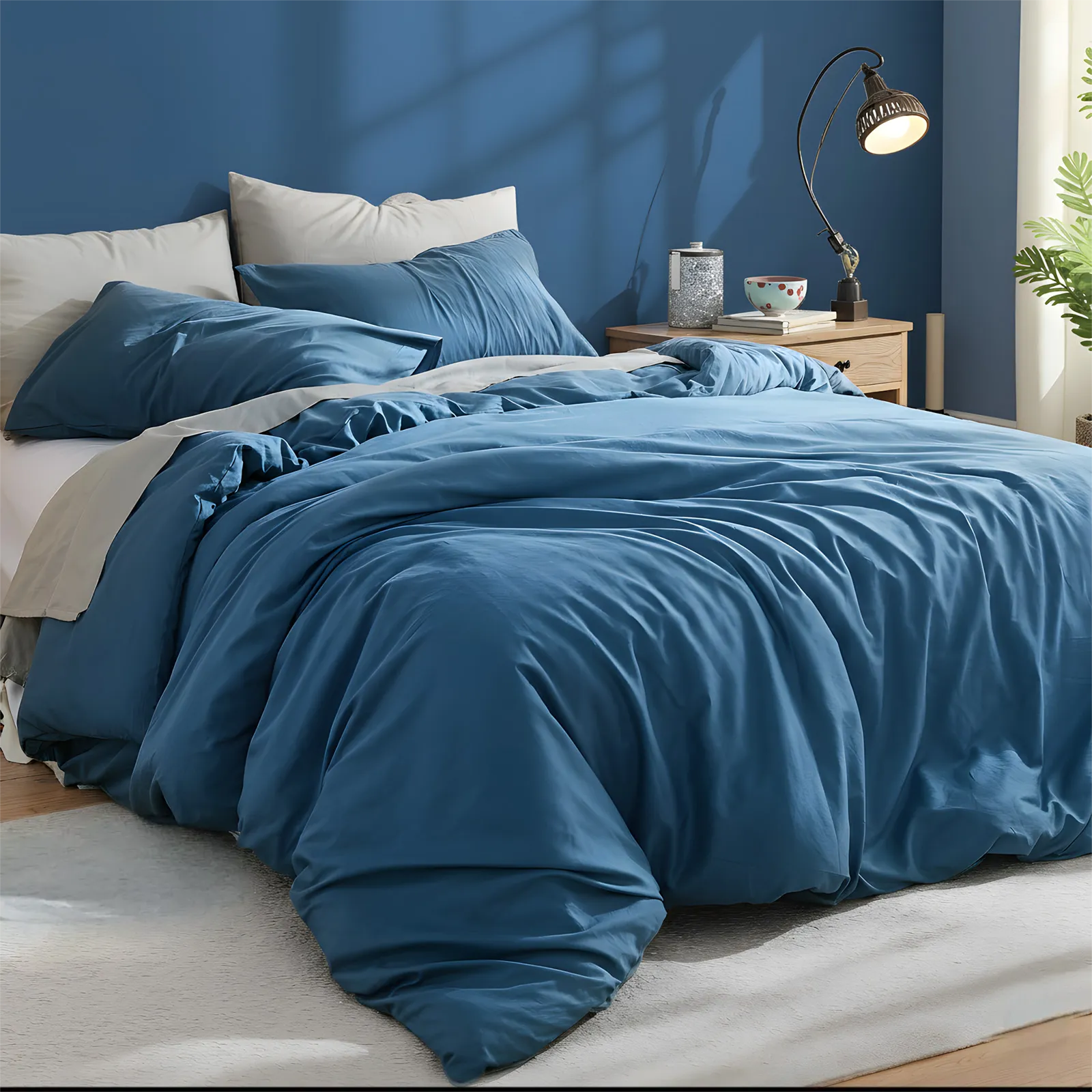 Angled detail shot of deep blue duvet showing fabric texture