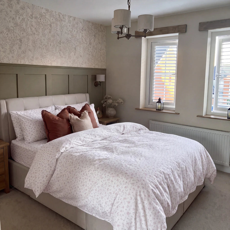 dreamy pastel comforter set pink blue floral terracotta pillows olive green bedroom