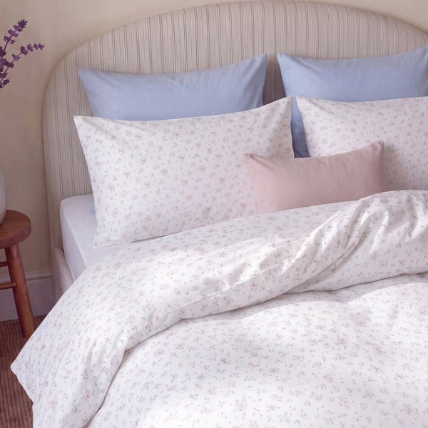 dreamy rose trellis duvet cover set arched headboard bedroom scene