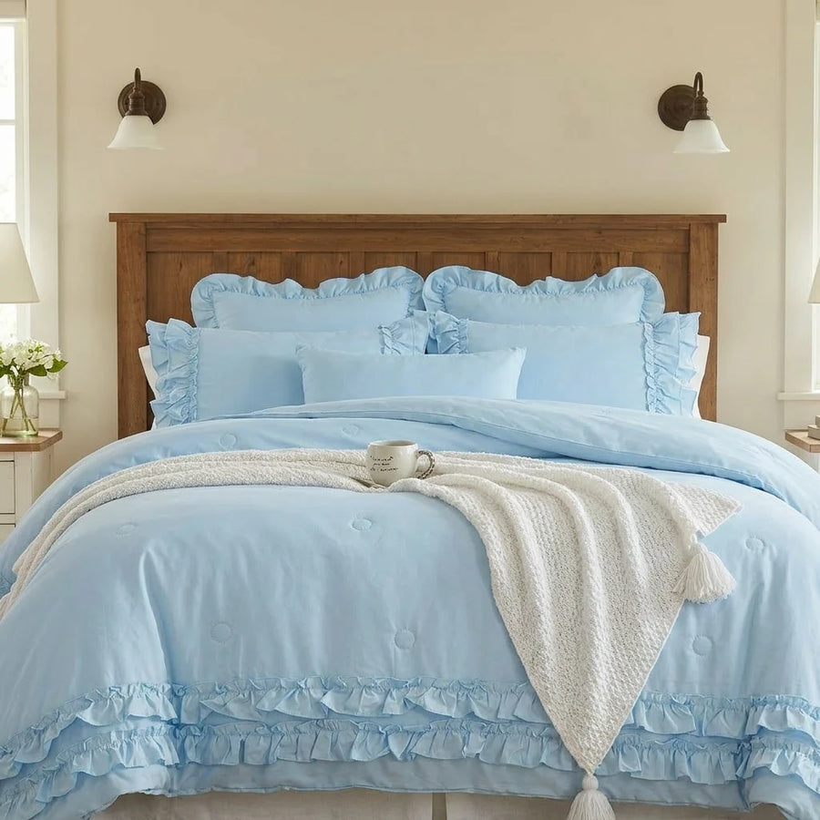 dusty blue ruffled quilt set shabby chic bedroom decor