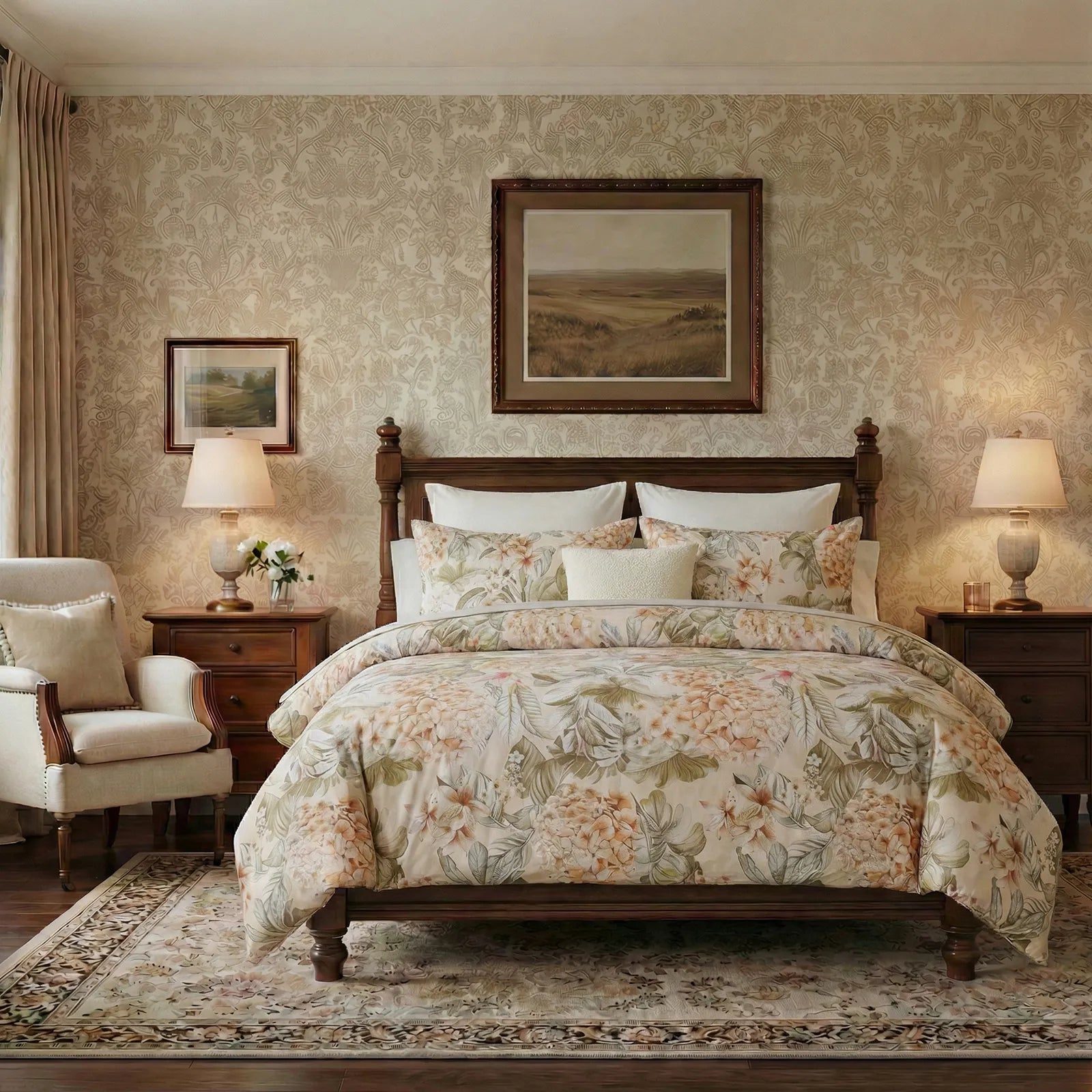 Front view of botanical print bedding on a wooden bed