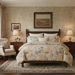 Front view of botanical print bedding on a wooden bed