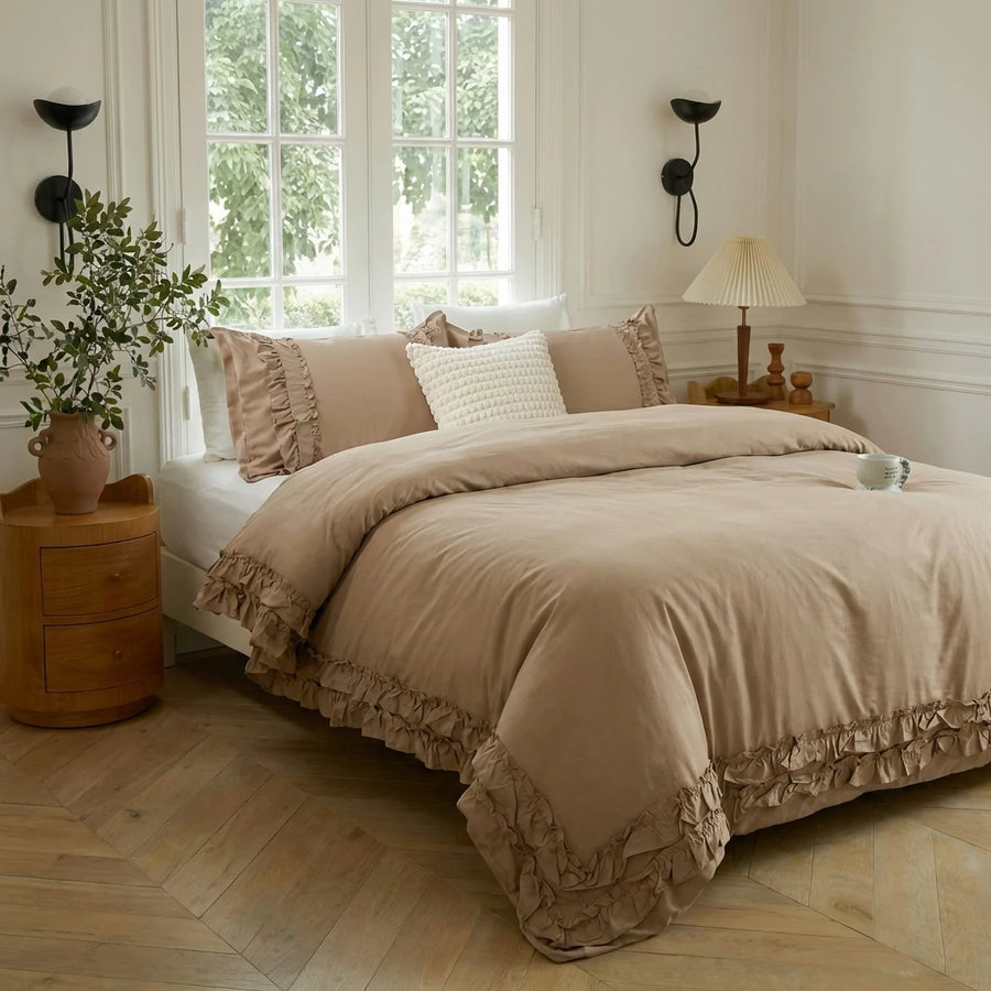 elegant yellow comforter cover with multi layer ruffled trim