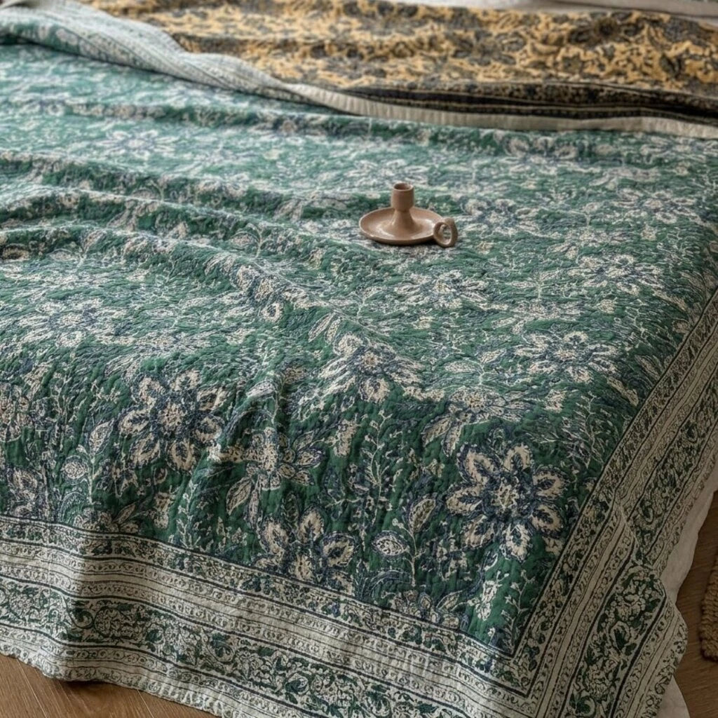 emerald amber floral cotton blanket bed setup