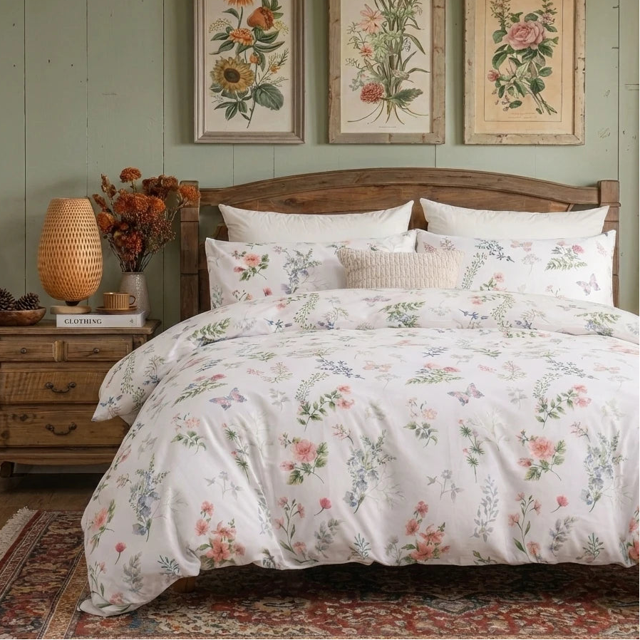enchanted garden blossom duvet cover set with whimsical butterfly and flower print in rustic bedroom