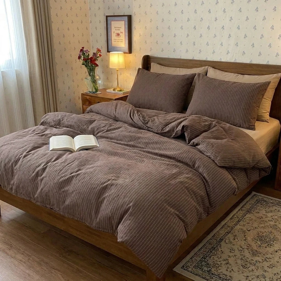 espresso chalk stripe duvet cover set dark brown bedding main