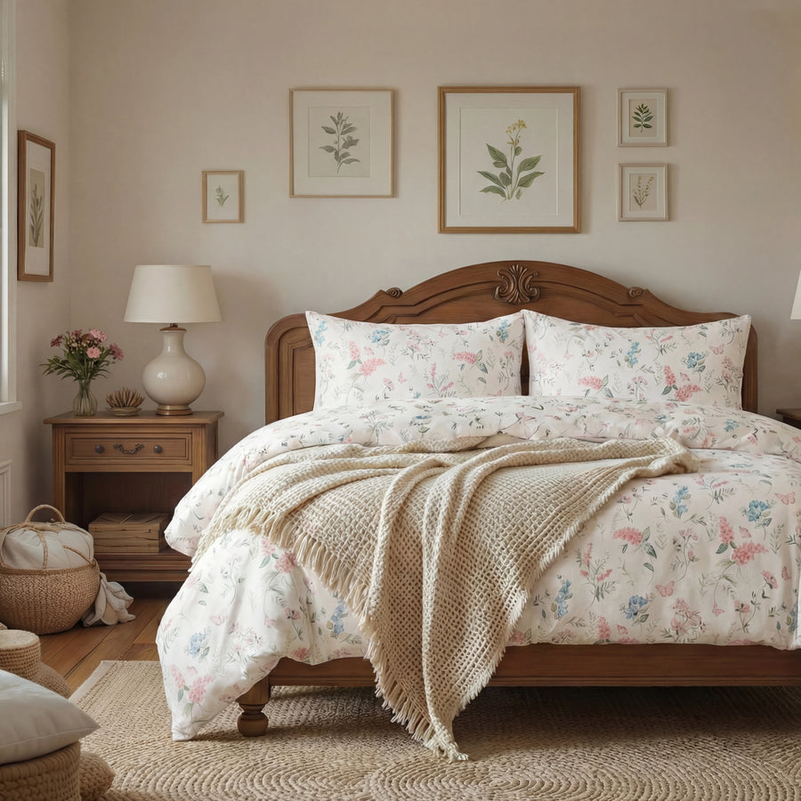 ethereal wildflower sprig duvet cover set styled on bed in a bright minimalist bedroom