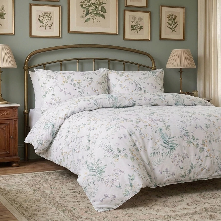 elegant evergreen meadow flower print cotton comforter cover set in vintage bedroom