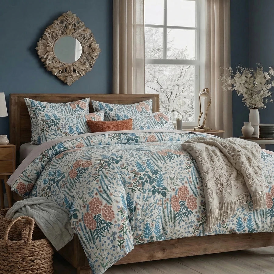 cozy scandinavian style floral bedspread set featuring a blue botanical fern pattern