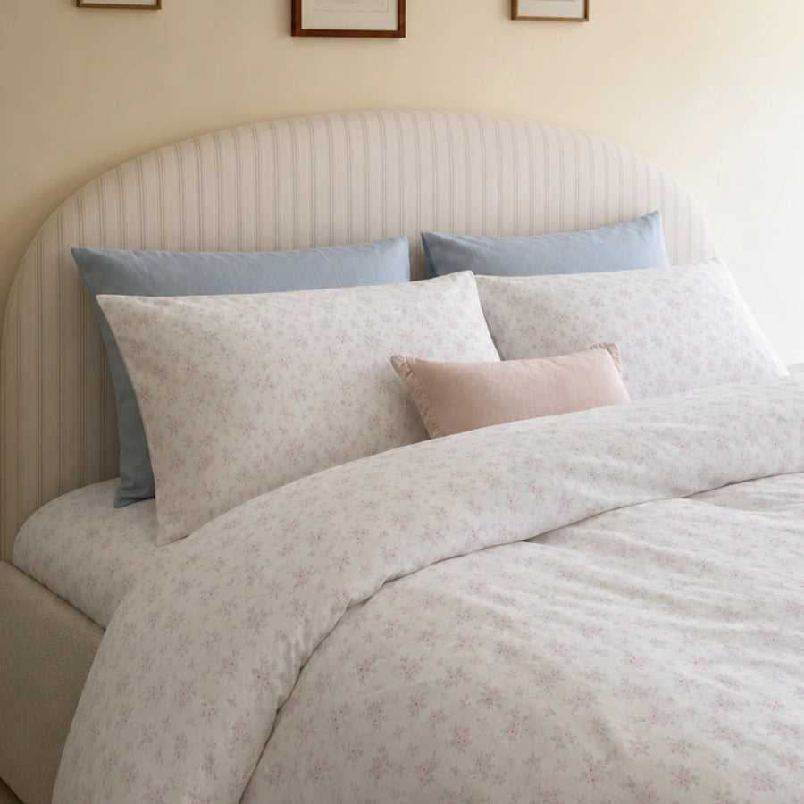 faded rose trellis duvet cover set arched headboard bedroom scene