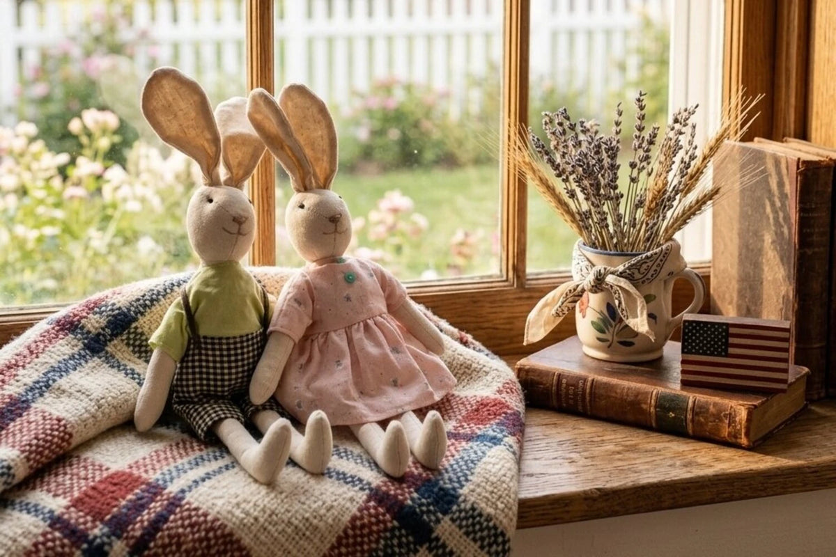 farmhouse bunny dolls window sill decor
