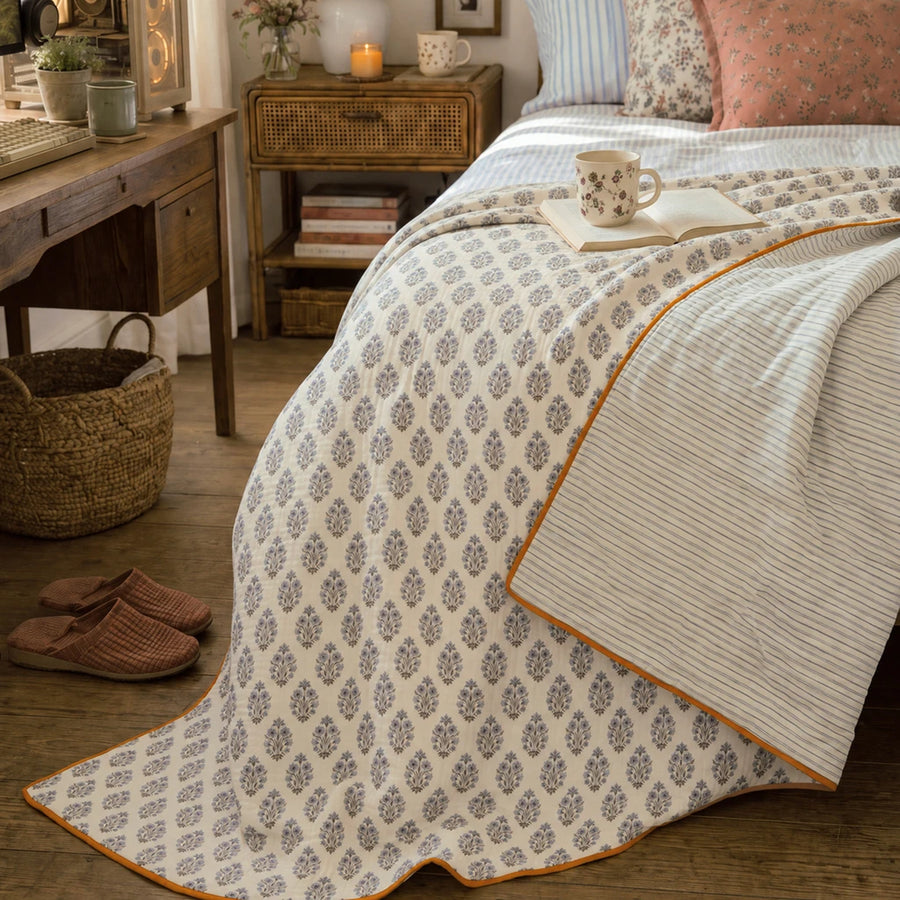 fernwood muslin blanket indigo sprig striped back cozy bedroom