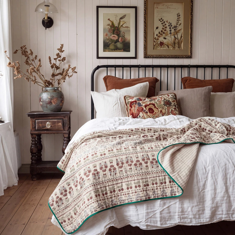 fernwood muslin blanket powder blossom teal border black iron bed cozy bedroom
