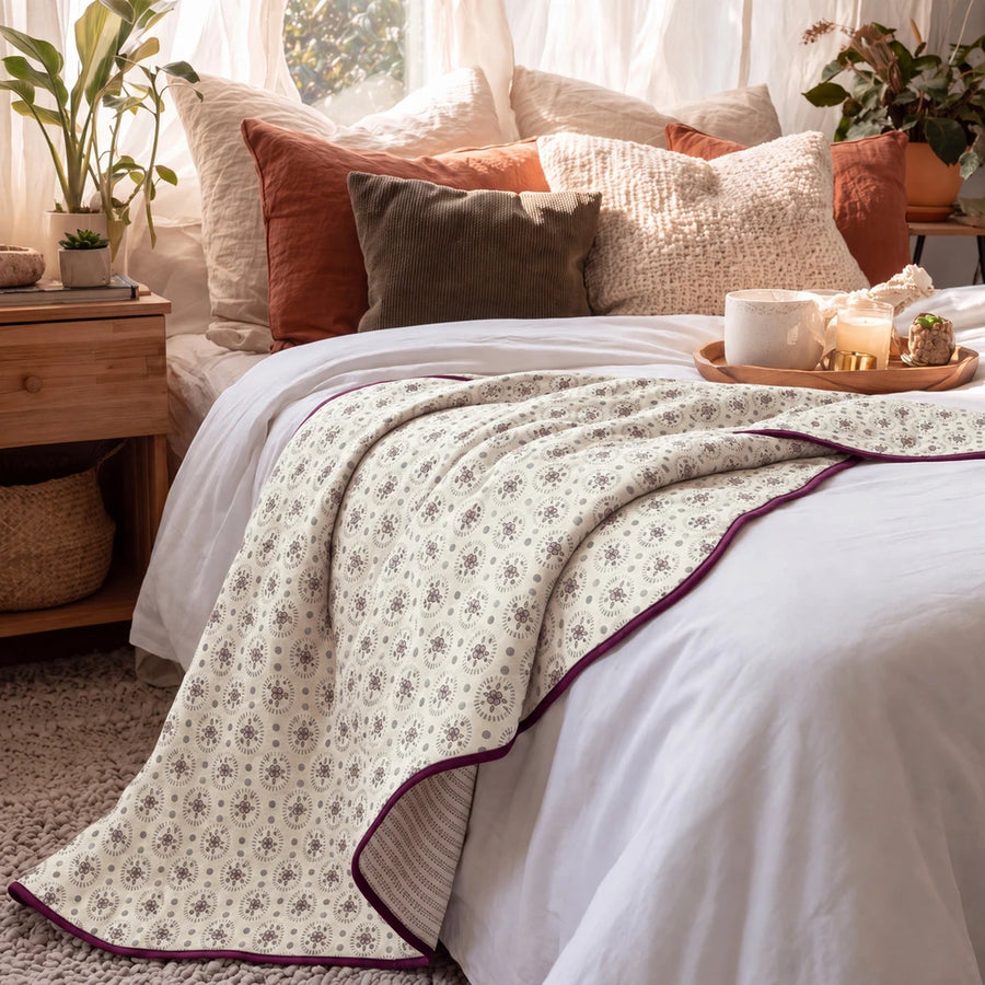 fernwood muslin blanket slate feather plum border terracotta pillows cozy bedroom