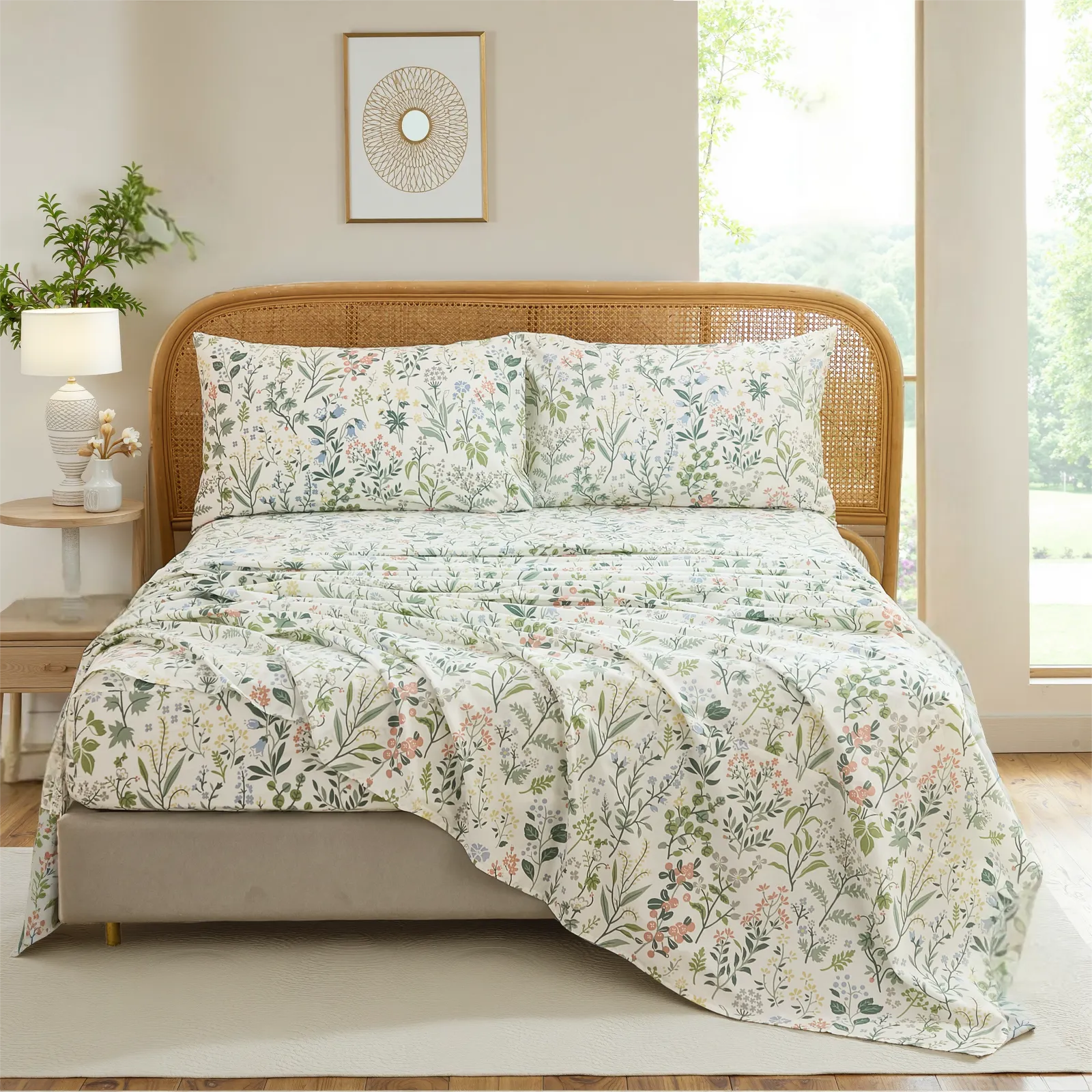 Full view of floral cotton sheet set on a natural rattan-headboard bed