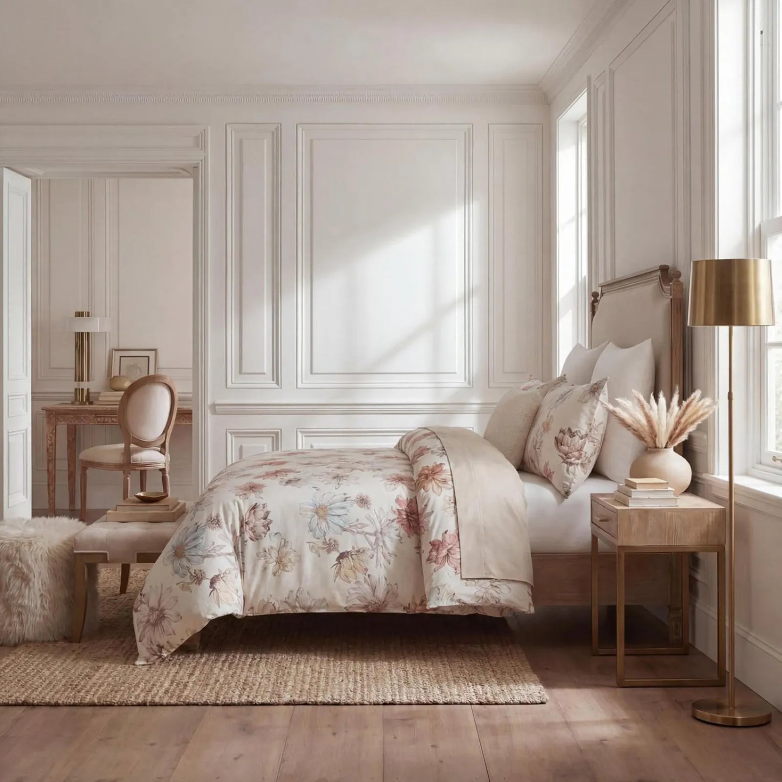 Side view of a floral duvet cover set in a classic white bedroom