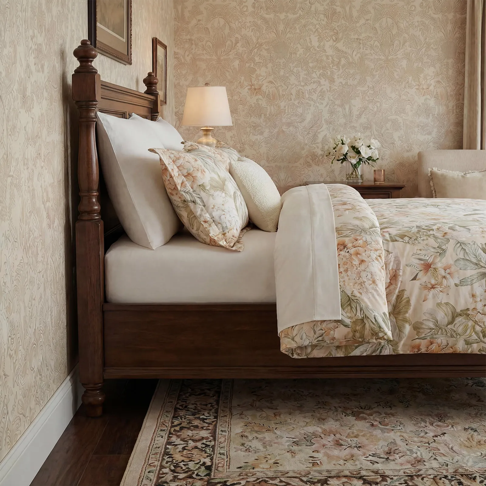 Side profile detail of floral pillows and wooden headboard