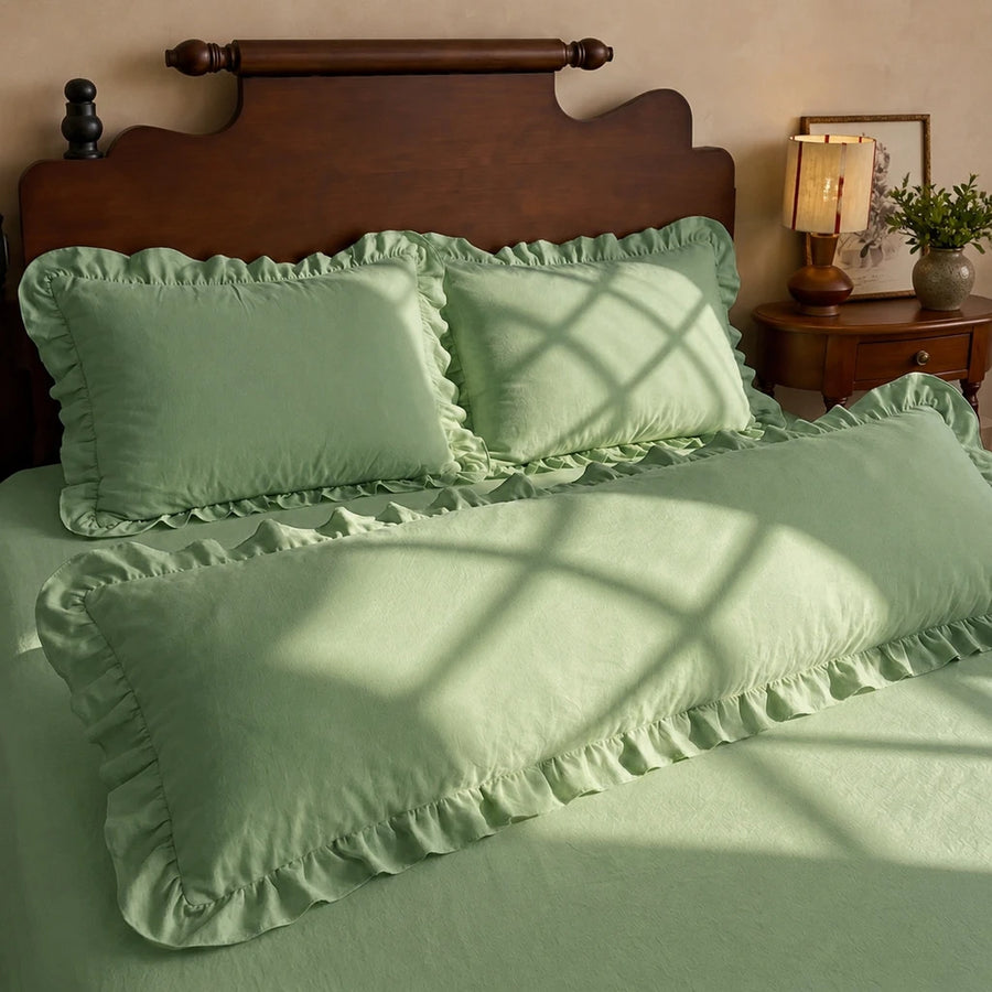 french country sage green ruffling pillow sham drape